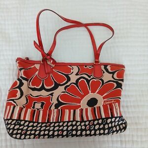 Coach Red Poppy Orange Red Black Floral Satchel Tote Purse Bag In EUC RARE